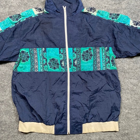 Fresh Peaches Vintage 90s Windbreaker Jacket Navy Teal Paisley Mens Large USA - Picture 3 of 9